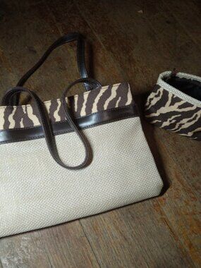 Estee Lauder woven makeup bag set of two animal print brown and tan